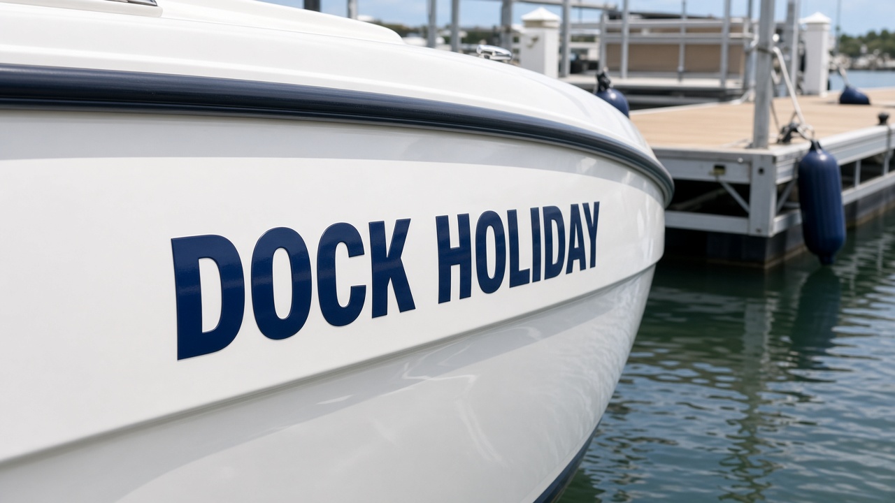Dock Holiday vinyl-cut boat name sticker