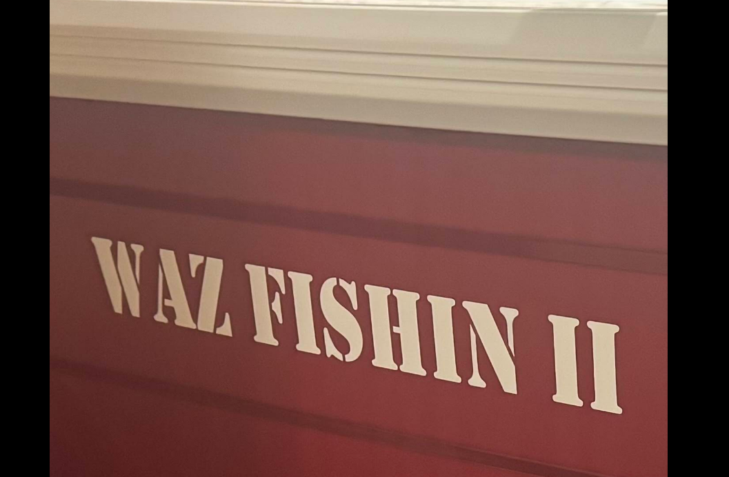 Waz Fishin' II boat name stickers — custom boat stickers on vessel hull