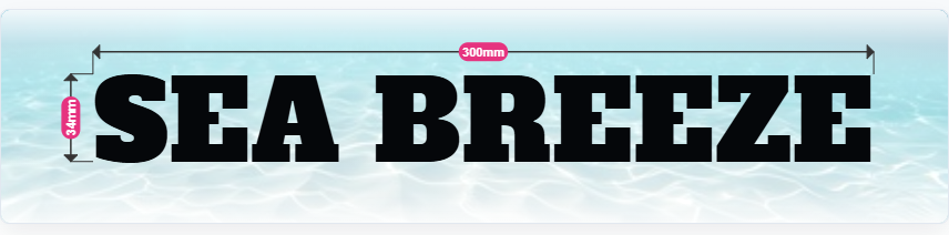 Boat name preview of SEA BREEZE in black vinyl, with the designer showing 34 millimetres character height at a 300 millimetre width.