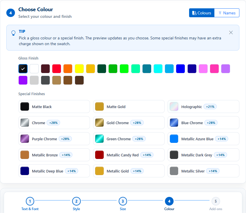 Colour step showing gloss swatches and special finishes, including holographic at plus 21 percent, chrome finishes at plus 28 percent, and metallic finishes at plus 14 percent.