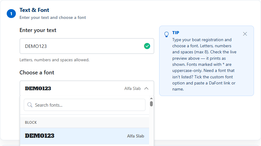 Font menu open on the designer, with a search box and DEMO123 previewed in Alfa Slab under the BLOCK group.