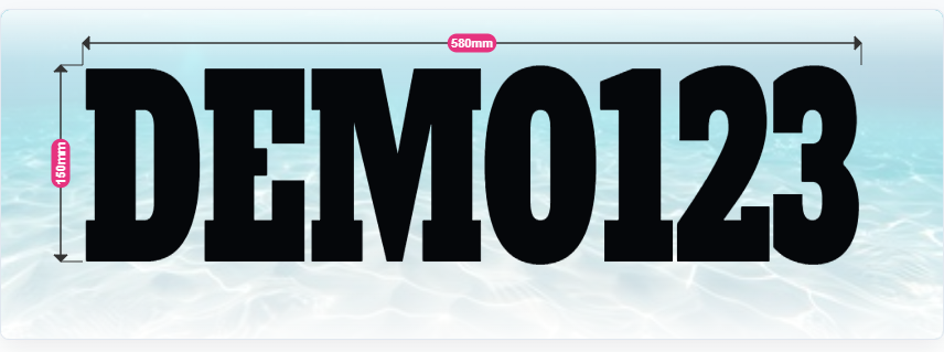 Live designer preview of the sample registration DEMO123 in black vinyl, labelled 150 millimetres high and 580 millimetres wide, on a water background.